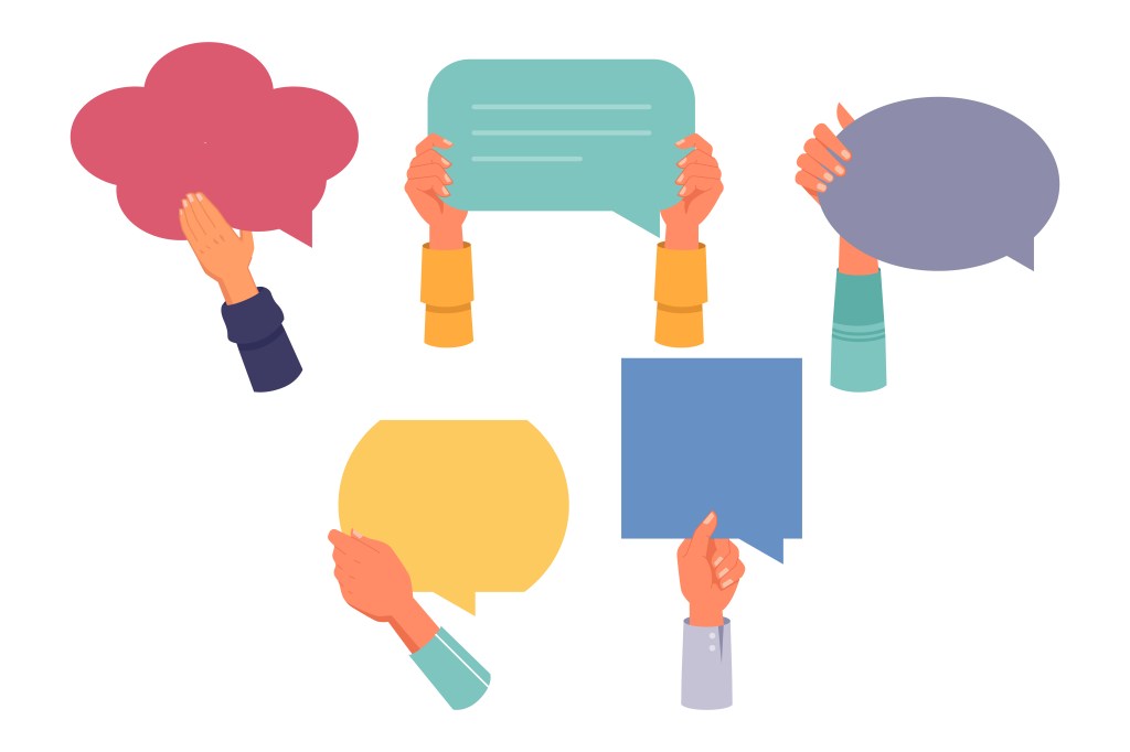 Illustartions of thought bubbles being held by a pair of hands