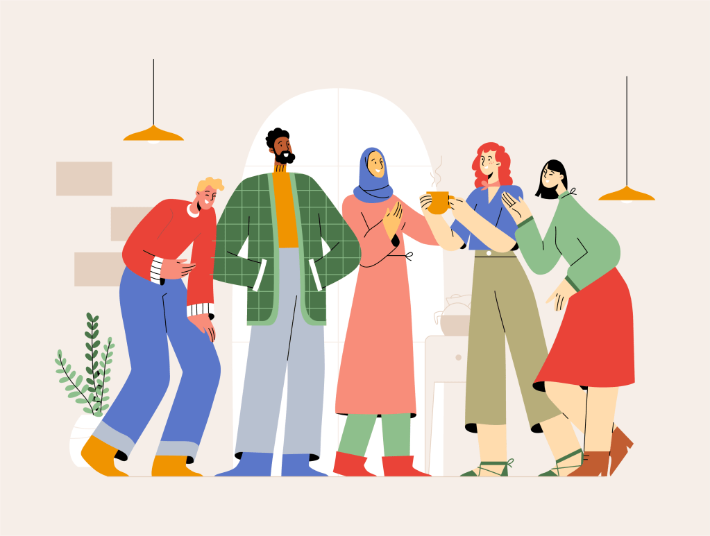 Illustrations of a diverse team communication together.
