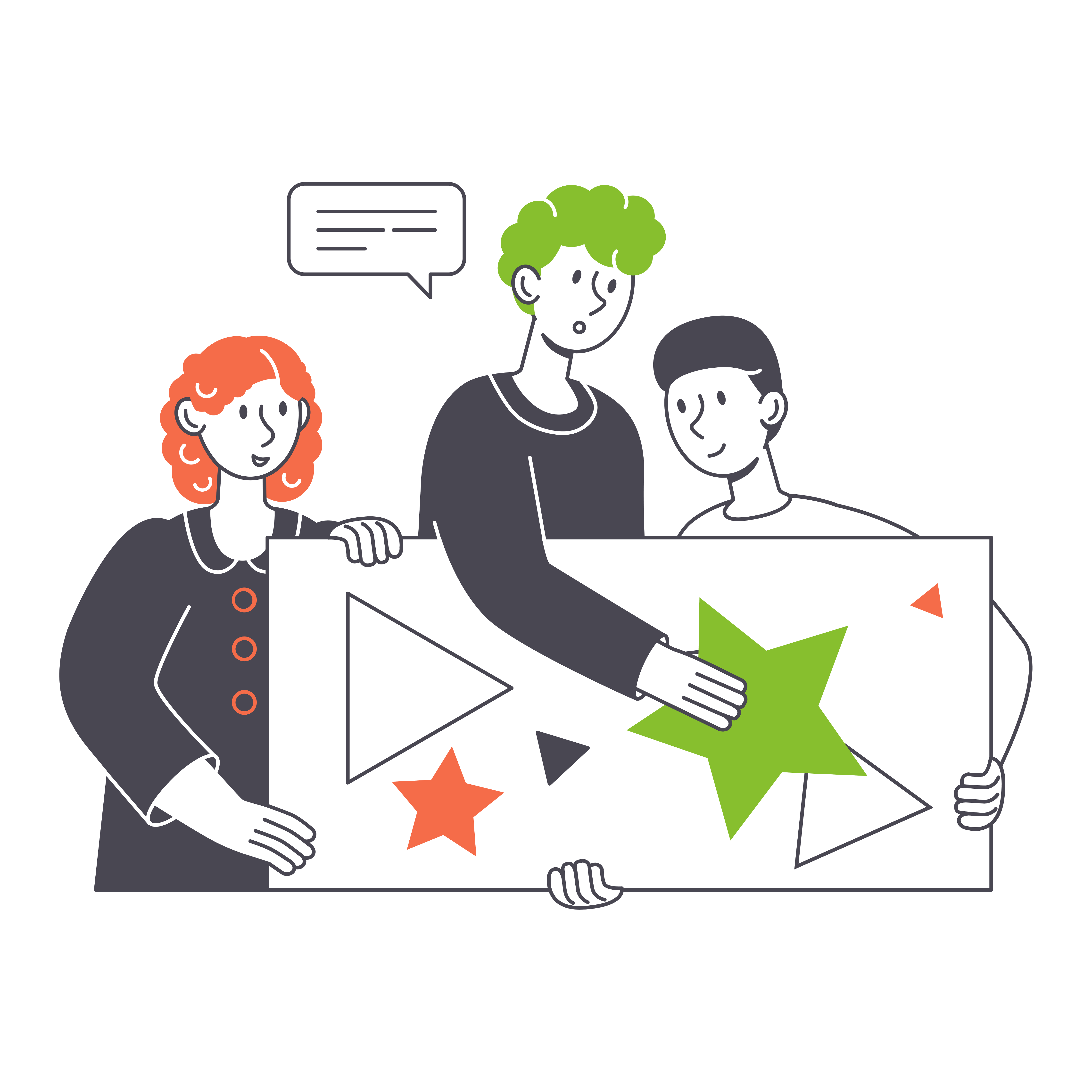 Illustration of three people holding a large rectangular board with geometric shapes including a green star, a red star, and a black triangle. One person has orange hair, another has green hair, and the third has black hair. A speech bubble is shown above, indicating conversation.
