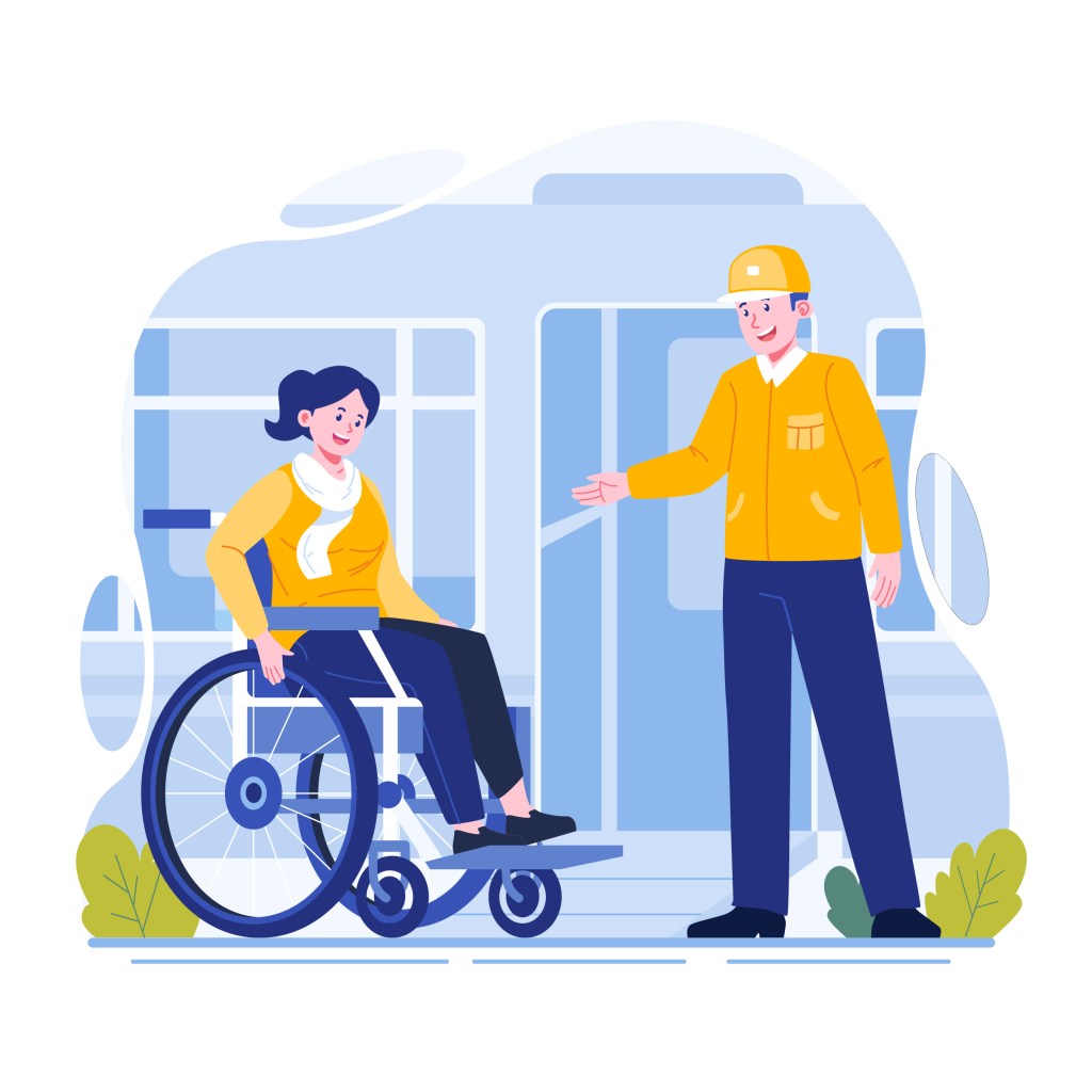 "Illustration of a person in a wheelchair being assisted by a worker wearing a yellow jacket and hard hat, standing near the entrance of a building or vehicle. The scene suggests accessibility and assistance."
