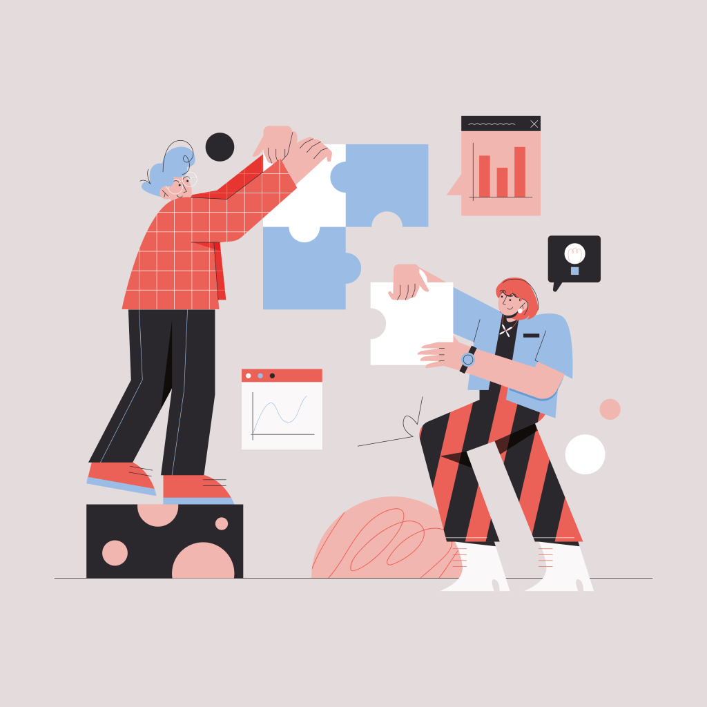 "Illustration of two people assembling large puzzle pieces. One person with blue hair and a red checkered shirt is standing while the other person with red hair and wearing a blue shirt and black and red pants is kneeling. The background includes charts and a speech bubble with a light bulb icon."