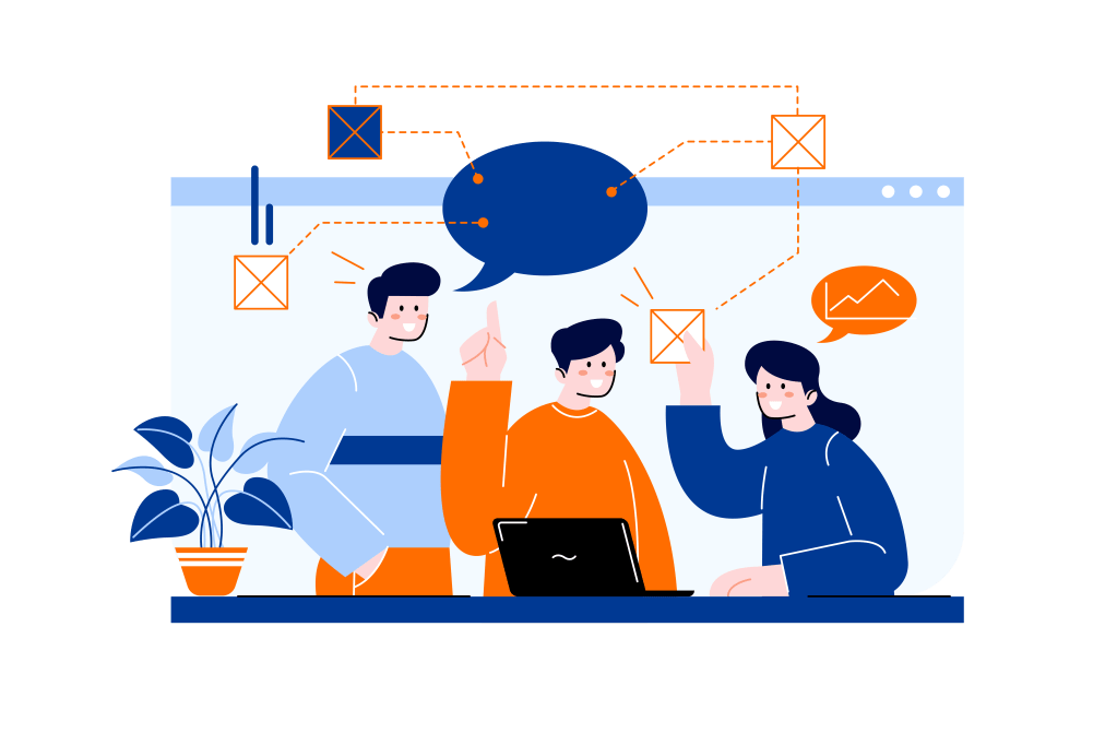 llustration of three people sitting at a desk with a laptop, engaged in discussion. Above them are connected icons and a large speech bubble, indicating a collaborative brainstorming session