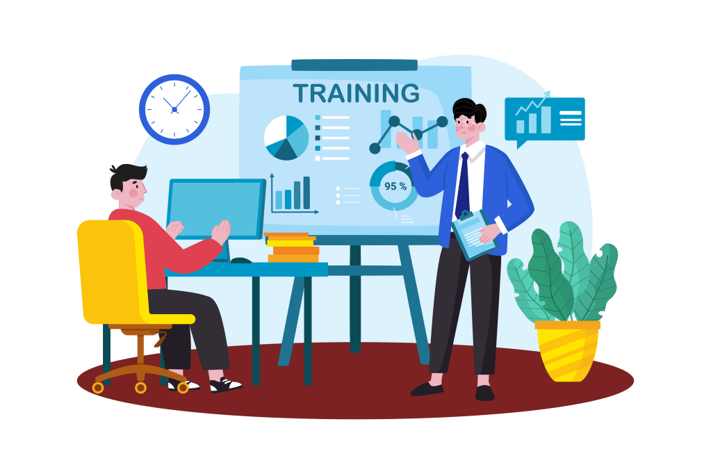 Illustration of a training session with one person sitting at a desk with a laptop and another person standing, pointing at a presentation board displaying charts and graphs. The board is labeled 'TRAINING,' and there are additional items like a clock, a stack of books, and a potted plant in the scene.