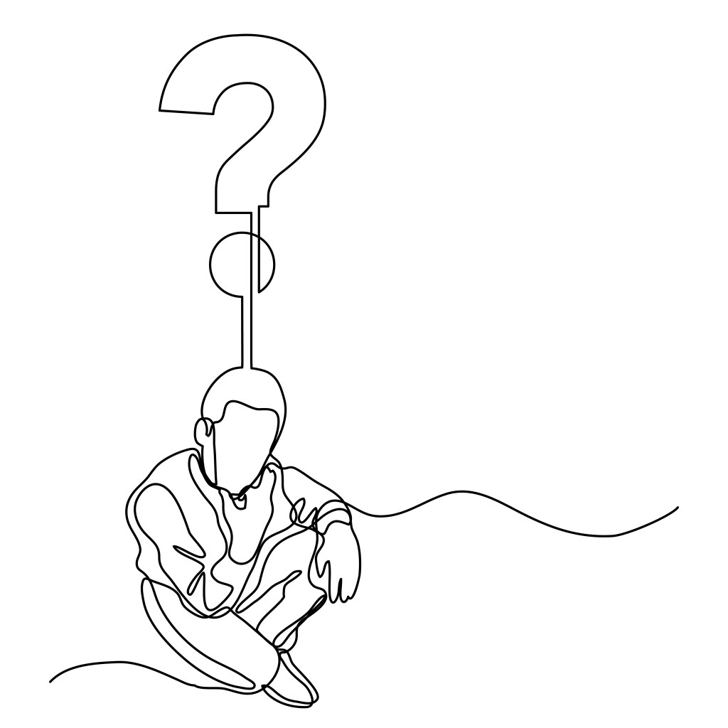"Minimalist line drawing of a person crouching with a large question mark floating above their head, symbolizing confusion or uncertainty."